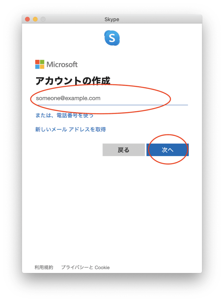 Skypeのメールアドレスを入力する画面