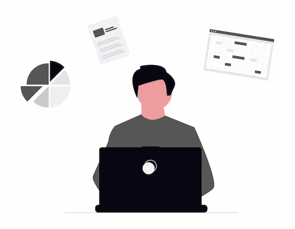 経理部で決算作業に追われる職員のイメージ画像