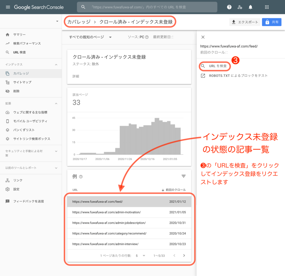 サーチコンソールのカバレッジインデックス未登録の画像