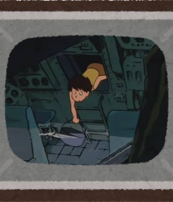 未来少年コナン ロケット小屋野中で水をすくうコナン