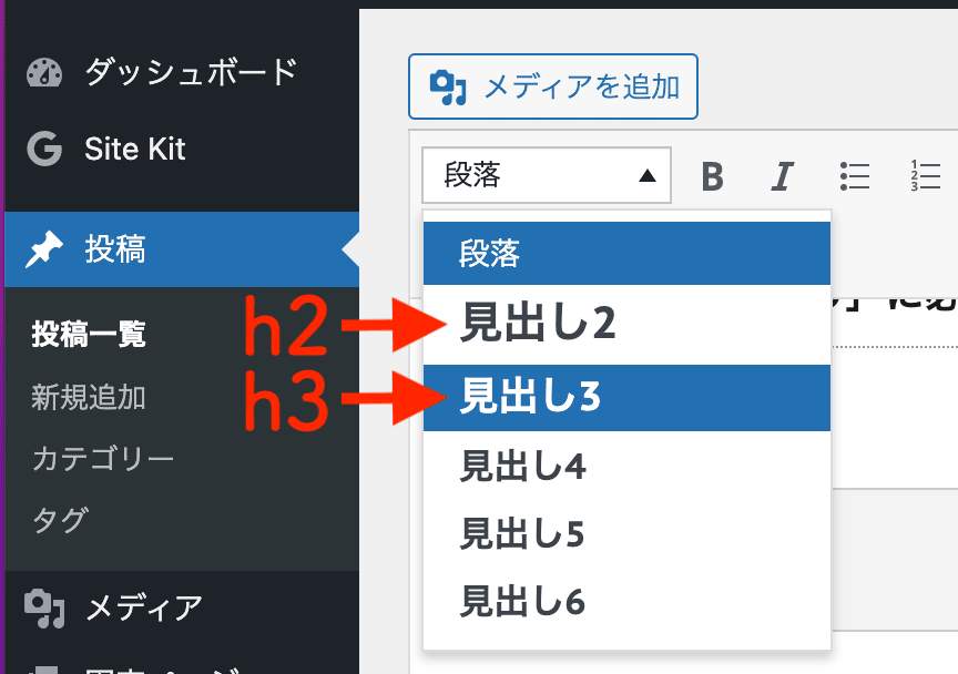 h1とh2の図解（クラシックエディターの場合）