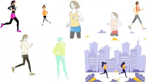 ジョギングアイテムを色々と身に付けて走っている複数の人物のイメージ画像