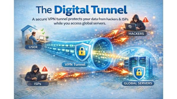 Infographic showing a secure VPN tunnel protecting a user's data from hackers and ISPs while accessing global servers