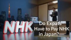 A blog header image titled "Do Expats Have to Pay NHK in Japan?" featuring a 3D NHK logo, a Japanese city background, and a TV with an NHK representative at the door.