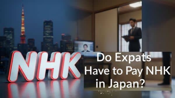 A blog header image titled "Do Expats Have to Pay NHK in Japan?" featuring a 3D NHK logo, a Japanese city background, and a TV with an NHK representative at the door.